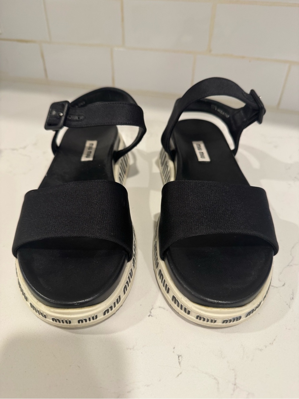 Miu Miu Black Canvas Platform Ankle
Strap Sandals Size 37 1/2